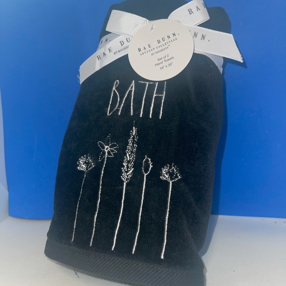 Rae Dunn Set of 2 Hand Towels/Black Floral “Bath” - Picture 3 of 4